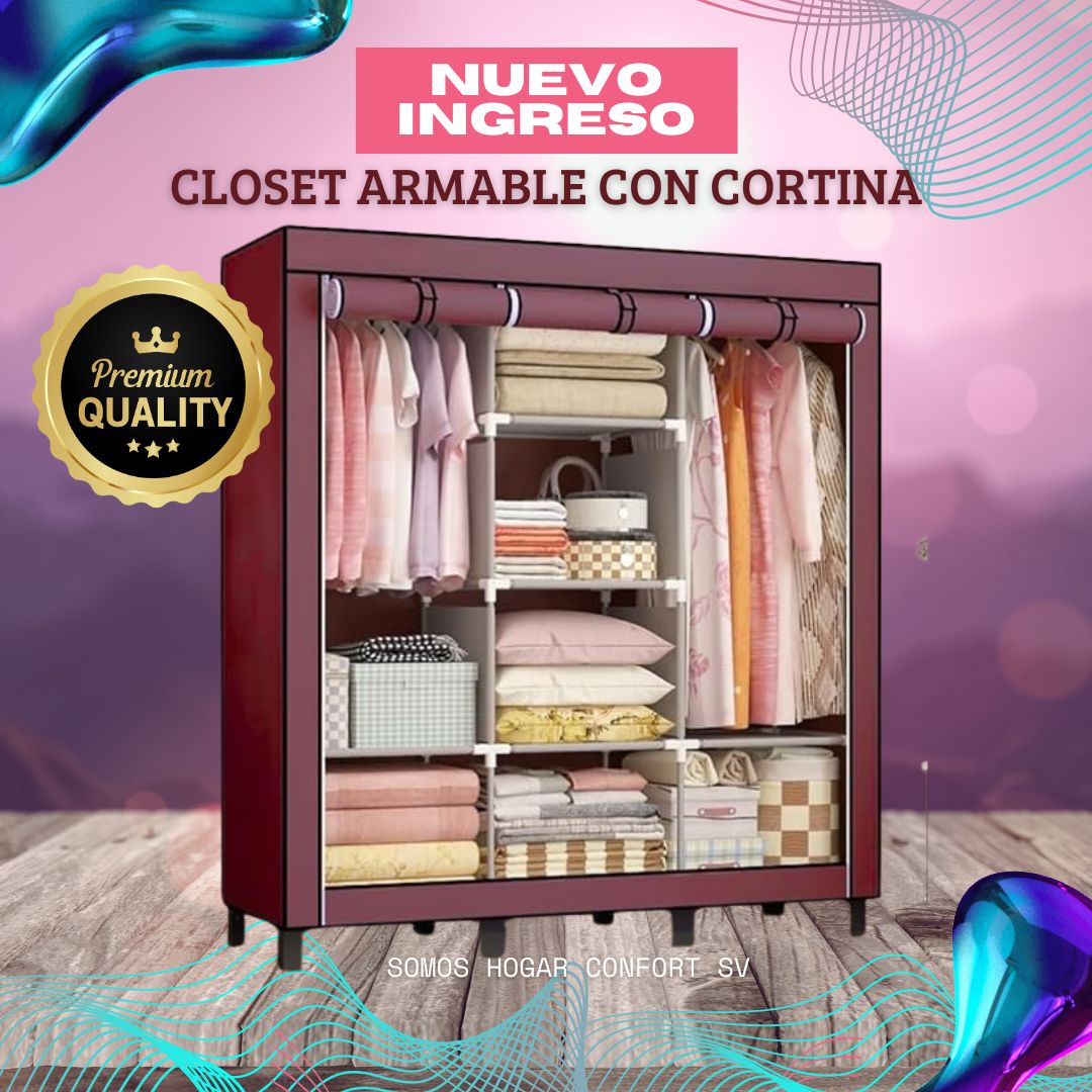 Closet Organizador Armable de Acero Inoxidable con cortina