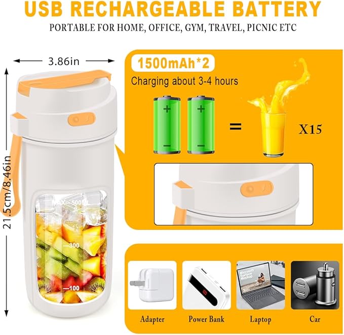 licuadora personal para batidos y licuados 10 cuchillas de gran capacidad de 500 ml y recargable por USB