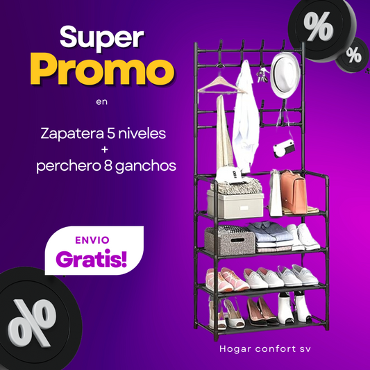 Zapatera de 5 Niveles + Perchero con 8 Ganchos
